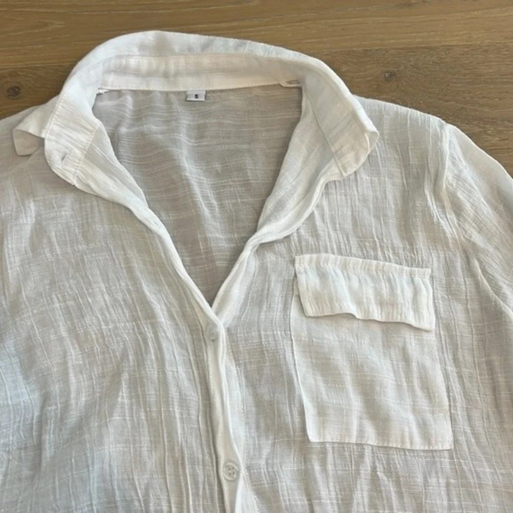Women’s White Long Sleeve Shirt Beach Cover Up Sheer Gauzy Button Up Blouse Top - Picture 3 of 8